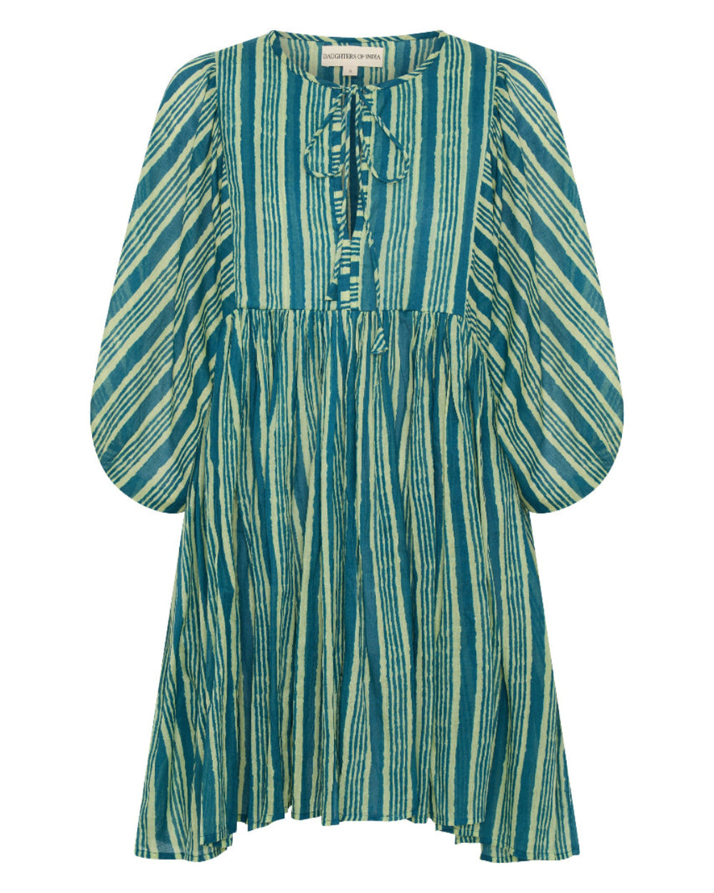 Kyra Mini Dress Spearmint — ghost mannequin full length front view, spearmint hand block print striped cotton mini dress with V-neckline tie, balloon sleeves and flared skirt, white background | Daughters of India