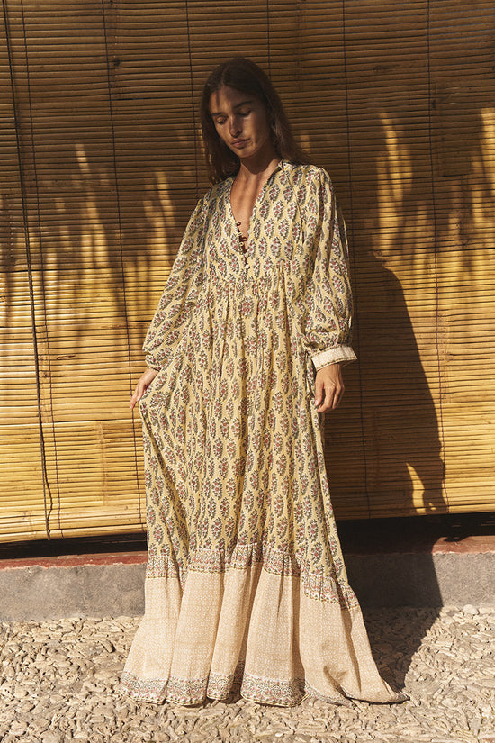 Bhoomi Maxi Dress Meadow — full length hand block print cotton maxi, bamboo wall backdrop | Daughters of India
