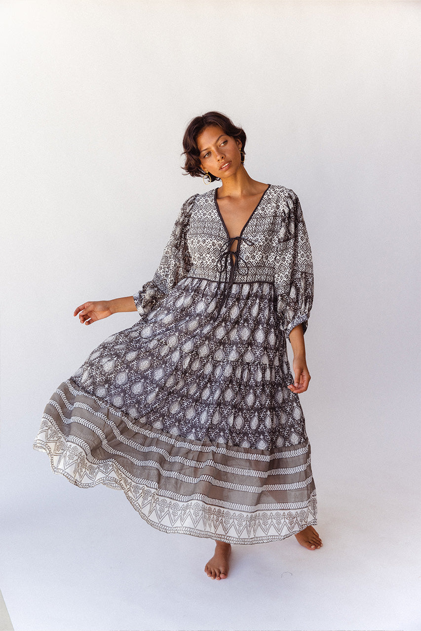 Daughters of India Jasmine Midi Dress in Charcoal — studio full length skirt in motion, tiered border hem flowing