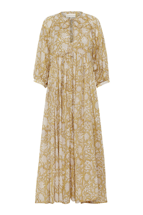 Daughters of India Kyra Midi Dress in Cumin — flat lay showing neckline tie, billowed sleeves, hand screen print cotton
