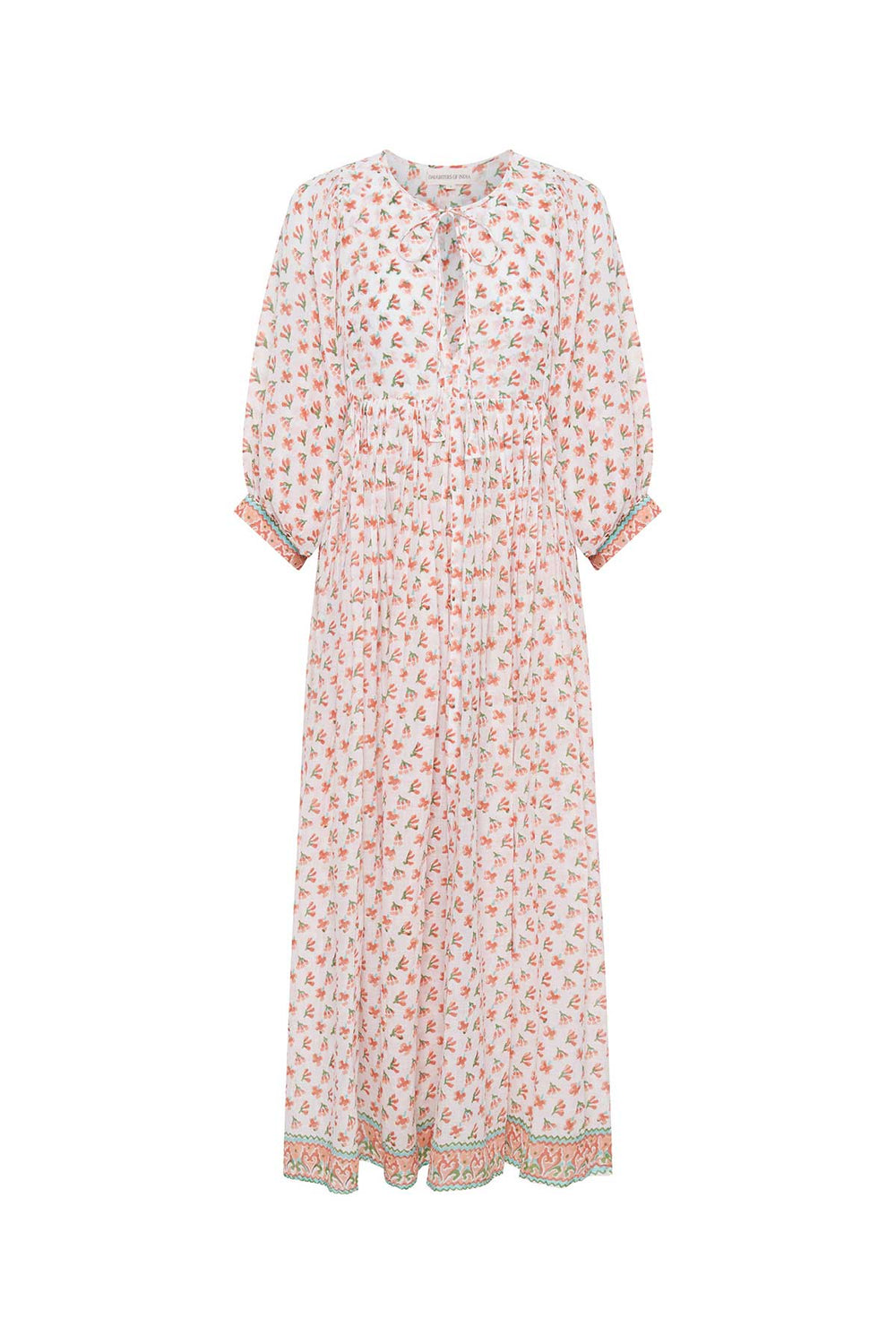 Daughters of India Kyra Maxi Dress in Coral — flat lay showing neckline tie, billowed sleeves, hand block print border hem