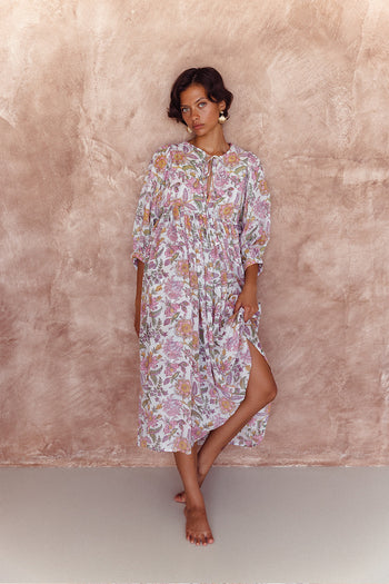 Daughters of India Kyra Midi Dress in Fuchsia Bloom — full length by terracotta wall, hand screen print cotton