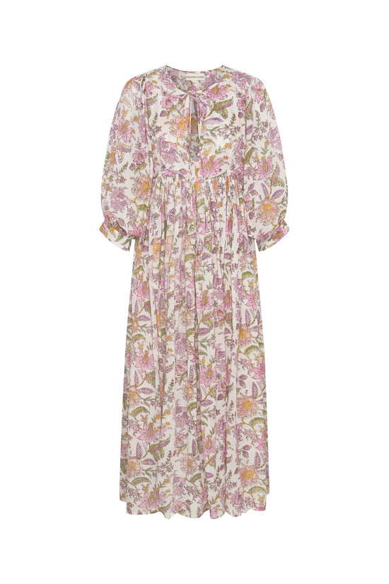 Daughters of India Kyra Maxi Dress in Fuchsia Bloom — flat lay showing neckline tie, billowed sleeves, hand screen print