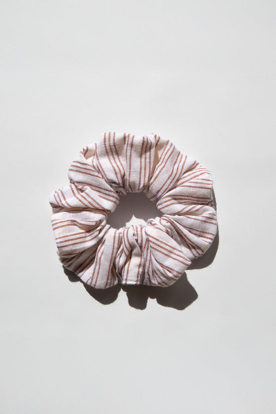 Daughters of India Upcycled Scrunchie in Vanilla, a cream and pink striped hair scrunchie made from upcycled cotton fabric